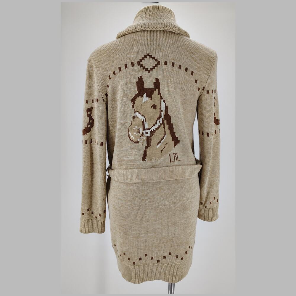Lauren Ralph Lauren Equestrian Horse Intarsia Belted Cardigan M - Picture 4 of 13